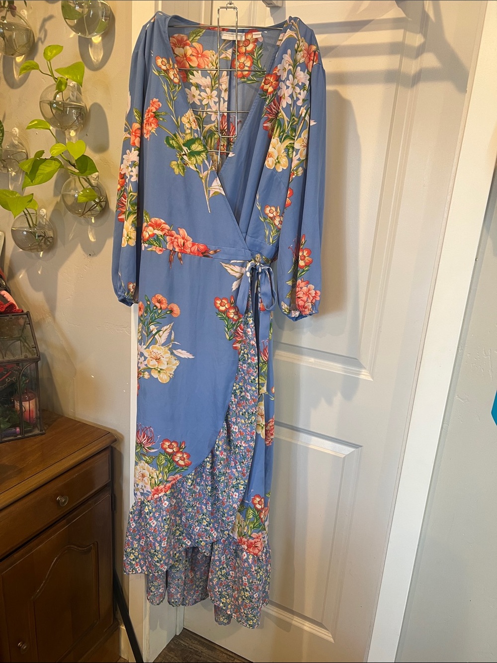 New York & Company Floral Wrap Dress with Red and Green Accents